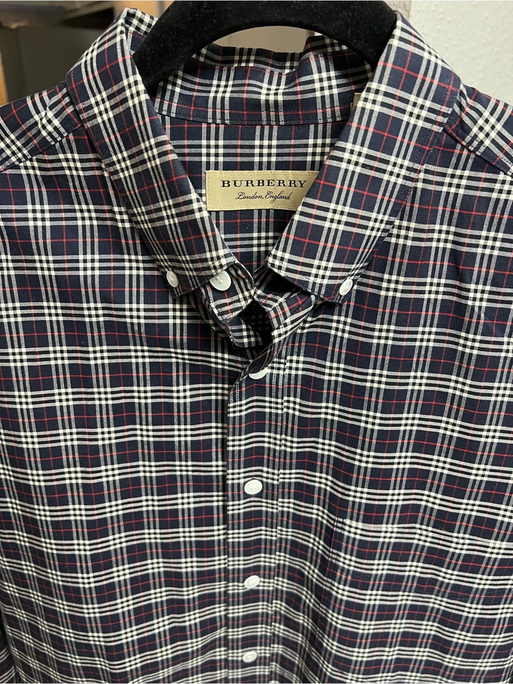 Burberry Navy Red White Plaid Button-Down Shirt